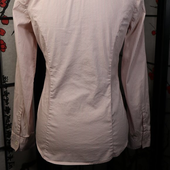 Express Essential Stretch Long Sleeved Shirt w/ Shades of Pink Pinstripes, Small - Picture 4 of 6